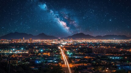 Fototapeta premium A stunning night view of a city illuminated under a starry sky, featuring the Milky Way.