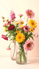 Beautiful spring flowers in a vases on light background, retro style, with white tones