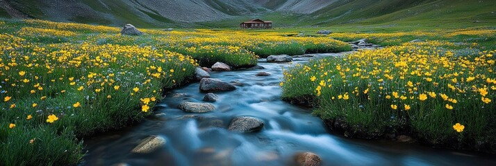 Serene mountain stream flowing through a vibrant yellow flower meadow with a rustic cabin in the background.