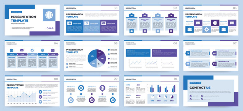 Modern Blue and Purple Startup Pitch Deck and Campaign Deck Presentation Template with Infographics. Creative educational presentation template with infographic slides and minimal pastel design.