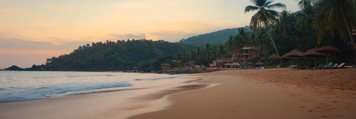 Obraz premium Tranquil sunset beach scene with palm trees, gentle waves, and sandy shore.