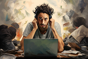 illustration of overwhelm and stressed people working on a laptop (generative AI)