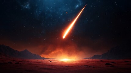 Fiery Meteorite Impacts Desolate Landscape: Dramatic Digital Painting. AI Generated
