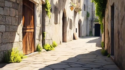 Sun-Drenched Cobblestone Alleyway: A Vibrant Digital Painting in a Realistic Style. AI Generated