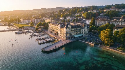 Fototapeta premium Aerial view of a lakeside hotel with boats, lush greenery, and a serene sunset atmosphere.