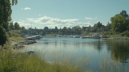 Fototapeta premium Calm river scene with moored boats, bridge, and lush greenery under a partly cloudy sky.
