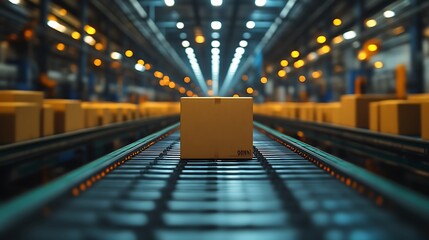 Cardboard box on conveyor belt in factory.