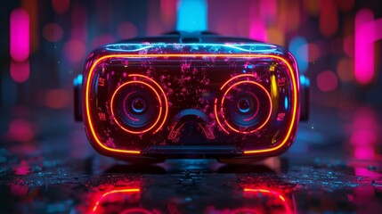 Futuristic VR headset with glowing red neon circles against a blurred pink and blue background. AI generative. .