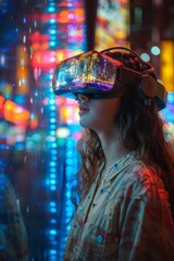 Obraz premium A woman wearing a VR headset with a city lights reflection, standing in front of a neon light background. AI generative. .