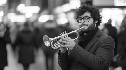 Monochrome portrait of a man playing trumpet in city street.