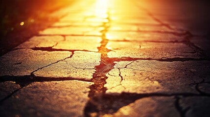 Obraz premium Cracked stone path at sunset, sunlight shining through cracks.