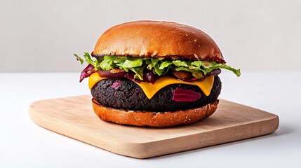 Deliciously Juicy Veggie Burger Close-Up Photo: Gourmet Plant-Based Patty on Wooden Board. AI Generated
