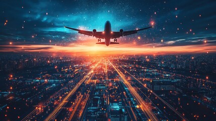 Airplane taking off over a vibrant city at sunset. Perfect for travel, adventure, and transportation themes.