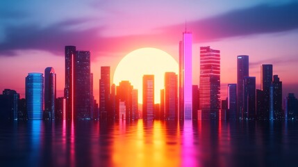 Fototapeta premium Vibrant 3D Render: Retro-Futuristic Cityscape at Sunset. AI Generated