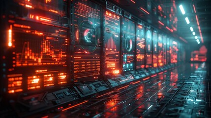 Fototapeta premium Futuristic corridor with glowing red and blue screens displaying data and graphs. AI generative. .