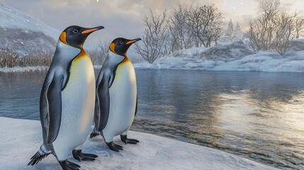 Fototapeta premium Two emperor penguins standing on a snowy shore near a calm body of water.