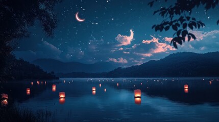 Serene night scene with floating lanterns on a calm lake, crescent moon, and starry sky above silhouetted mountains.
