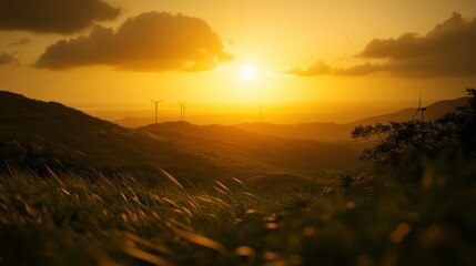 Serene Sunset Over Wind Turbines in Green Landscape