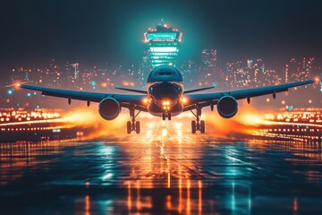 Fototapeta premium Airplane landing at night, city backdrop. Illustrates air travel, night flights, and urban scenes.