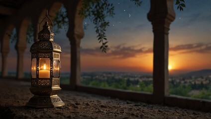 sunset in the city . A decorative lantern sits on a stone ledge at dusk, with an orange sunset visible beyond an arched opening. 