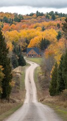 Obraz premium Rustic house nestled in autumnal hillside, viewed from winding dirt road.