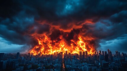Fiery Cityscape: Intensely Burning Metropolis Photo, Wide Shot. AI Generated