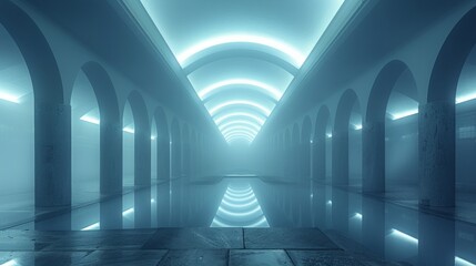 Obraz premium A futuristic hallway with blue glowing lights, arches, columns, and a pool of water reflecting the lights. AI generative. .
