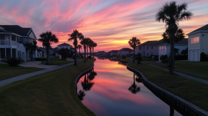 Vibrant sunset reflecting on a tranquil canal, lined with upscale homes and palm trees.
