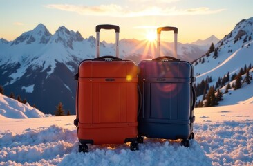 Two suitcases, red and blue, stand in the snow against the backdrop of snow-capped mountain peaks and fir trees, the setting sun. The concept of a ski resort, vacation, active recreation.