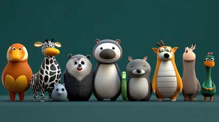 Obraz premium Adorable cartoon animals standing together on teal background.