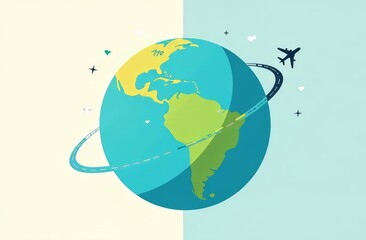 Planet Earth with green continents and blue oceans On a white and blue background in the center and around the Earth, an airplane flies, leaving a dotted blue trail.