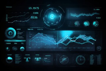 Fototapeta premium Futuristic HUD with glowing blue lines, graphs, and numbers. AI generative. .