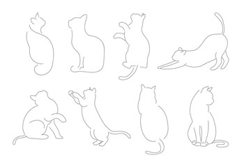 Cat line, Cat sitting with curled tail, different cat silhouette one line hand drawn 