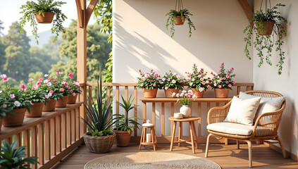 A peaceful balcony retreat adorned with vibrant flowers and natural light, photorealistic of interior design concept.