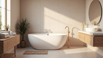 Elegant bathroom retreat with modern free standing tub and natural light, photography of interior design concept.