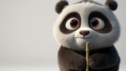 Obraz premium Adorable 3D rendered baby panda holding bamboo.