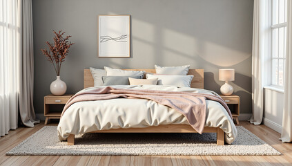 Modern bedroom interior with warm tones and natural light accents, 3d rendering of interior design concept.