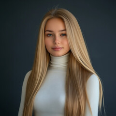 Naklejka premium Portrait of a young woman with long hair studio setting photography soft lighting close-up view beauty concept for visual impact