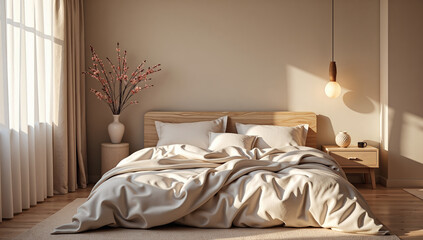 Cozy bedroom with soft textiles and natural light for a tranquil atmosphere, photorealistic of interior design concept.