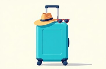 Obraz premium A blue suitcase stands on clicks on a white background, a yellow hat with a red ribbon and sunglasses on top of it. The concept of recreation, vacation, resort.