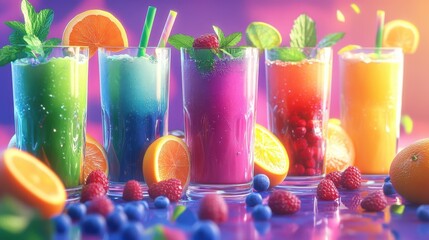Fototapeta premium Colorful smoothies in glasses with mint leaves and fresh fruits, including orange, raspberry, and blueberry, create vibrant and refreshing display
