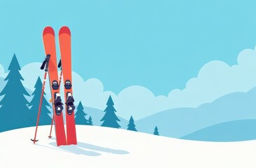 Red skis and ski poles stand stuck in a snowdrift against the background of Christmas trees, the year, clouds and the blue sky. The concept of a ski resort, active recreation