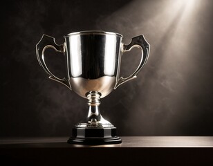 A silver trophy with two handles sits on a black base, illuminated by a spotlight against a dark background.