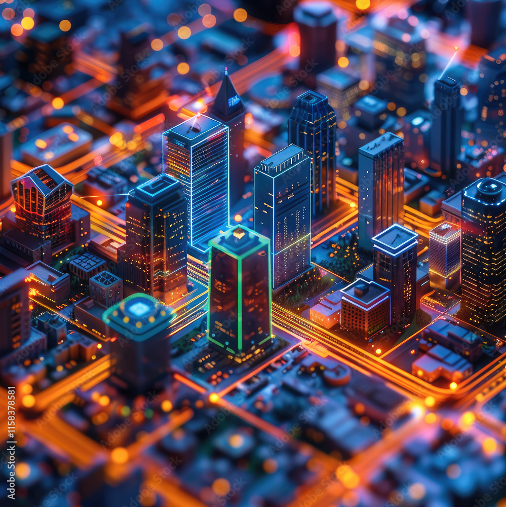 Poster a holographic city, with tall buildings and skyscrapers. interconnected iot clouds with glowing line