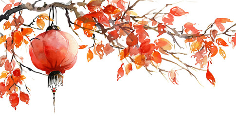 Chinese lanterns hanging on branches vector watercolor illustration, winter branches, Christmas branches, lunar new year, new year's eve