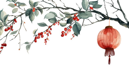 Chinese lanterns hanging on branches vector watercolor illustration, winter branches, Christmas branches, lunar new year, new year's eve