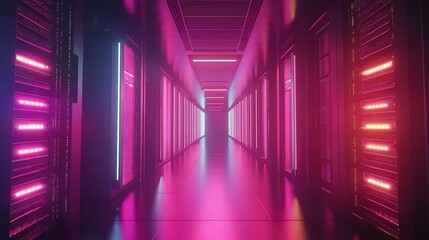 Fototapeta premium Symmetrical data center with advanced server racks and glowing lights