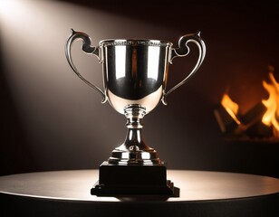 A silver trophy with two handles sits on a black pedestal, illuminated by a spotlight against a dark background with a flickering fire.