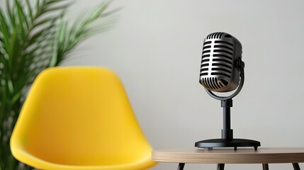 Retro microphone on a wooden table next to a yellow chair in a modern room.
