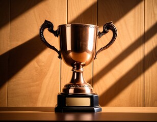 A shiny copper trophy with two handles sits on a black pedestal, casting a shadow on a wooden wall.